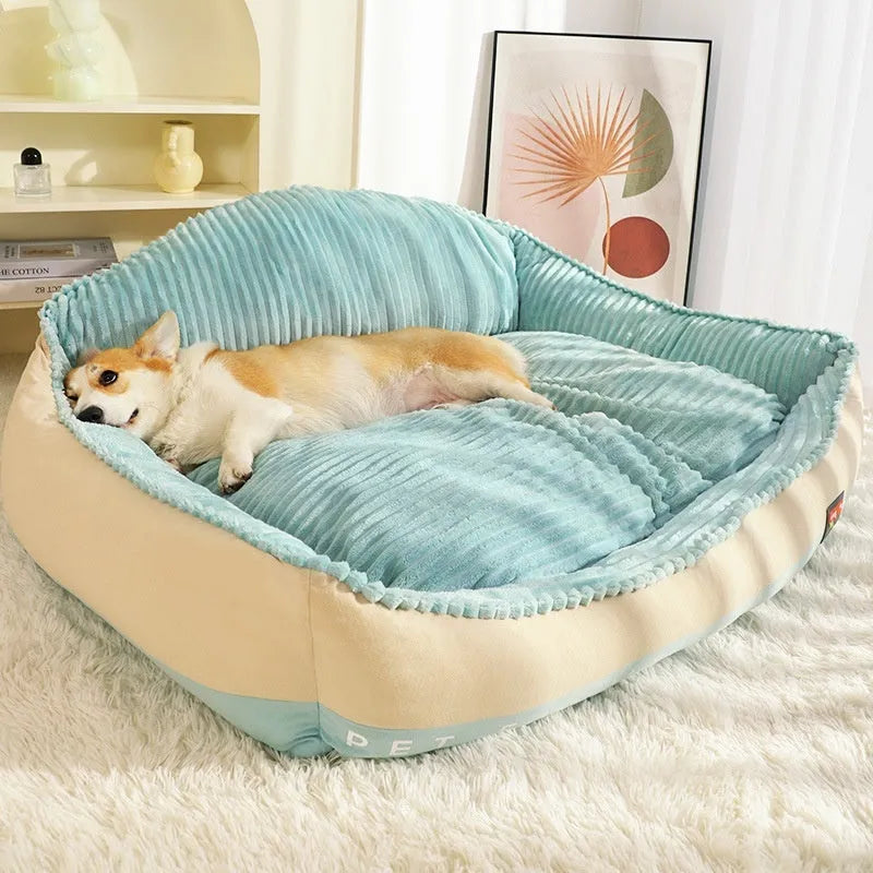 Morandi colour washable pet bed with kennel design on a sofa, shown in two sizes for dogs and cats.