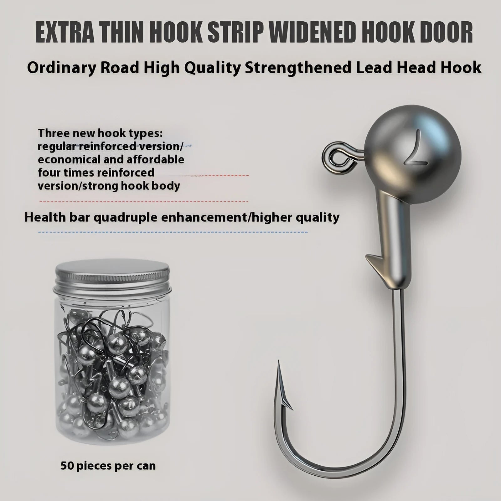 50-piece enhanced strength fishing jig hooks with lead-headed design in primary colours