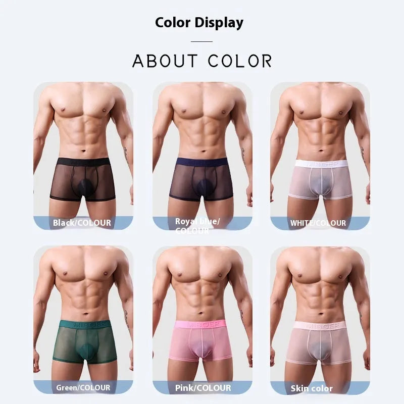 Men's thin quick-drying polyester boxer shorts in black, shown flat.