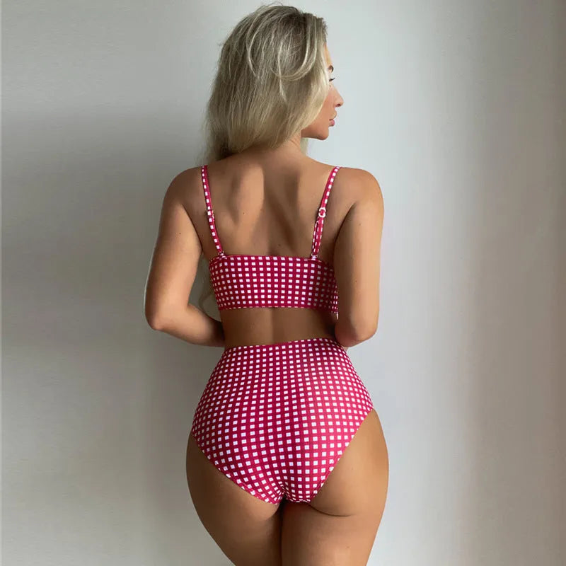 Women's plaid high-waist bikini swimsuit in rose red, black, blue, and sky blue