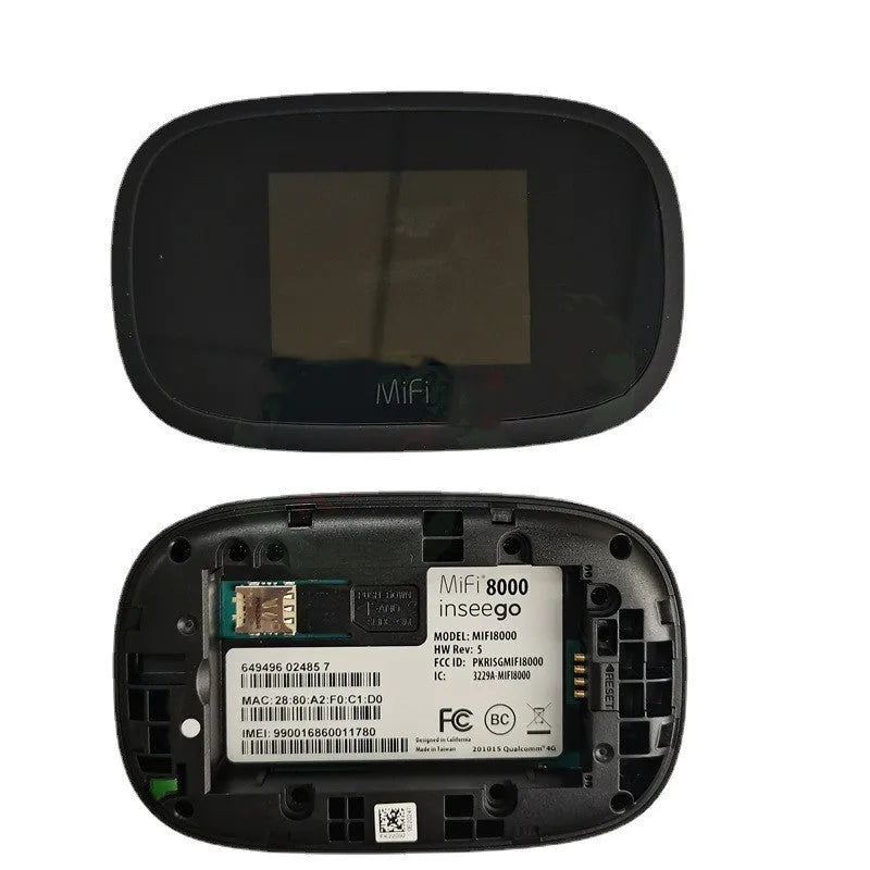 Black MiFi8000 portable 4G wireless router with battery and cable.