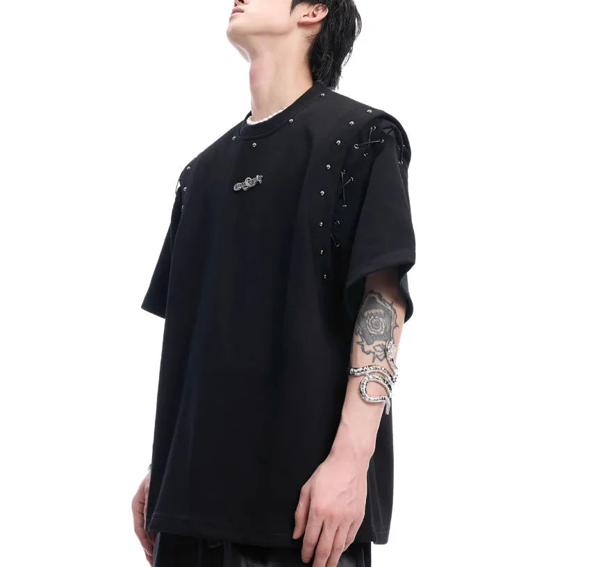 Men's black short sleeve t-shirt with lace-up cutout design detail on the front.