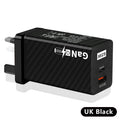 Gallium Nitride 65W laptop charger in black or white with compact dimensions and multiple electrical plug options