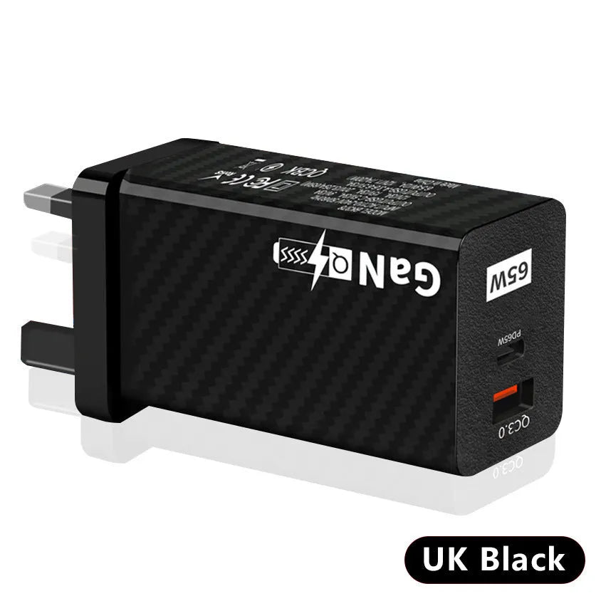 Gallium Nitride 65W laptop charger in black or white with compact dimensions and multiple electrical plug options