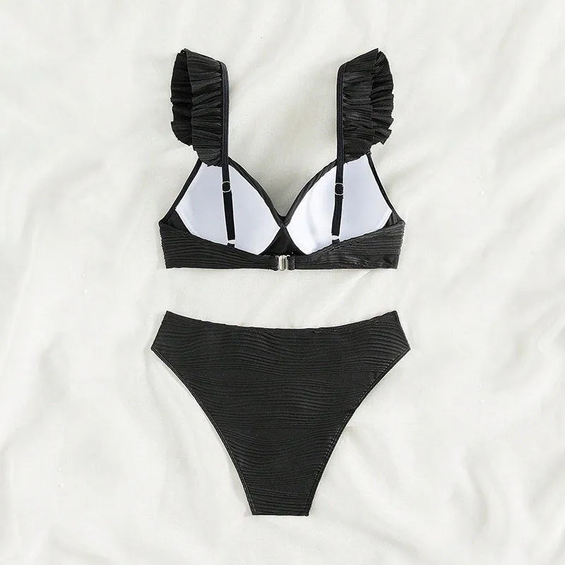 Women's solid colour polyester bikini swimsuit in black or khaki options with two-piece design