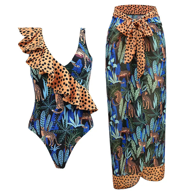 Women's solid colour spaghetti strap one-piece swimsuit with a matching skirt