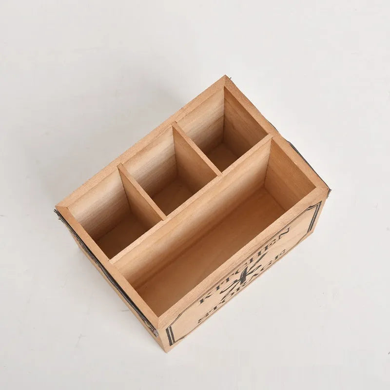 Wooden kitchen storage box with grid dividers for knife fork and chopstick organisation