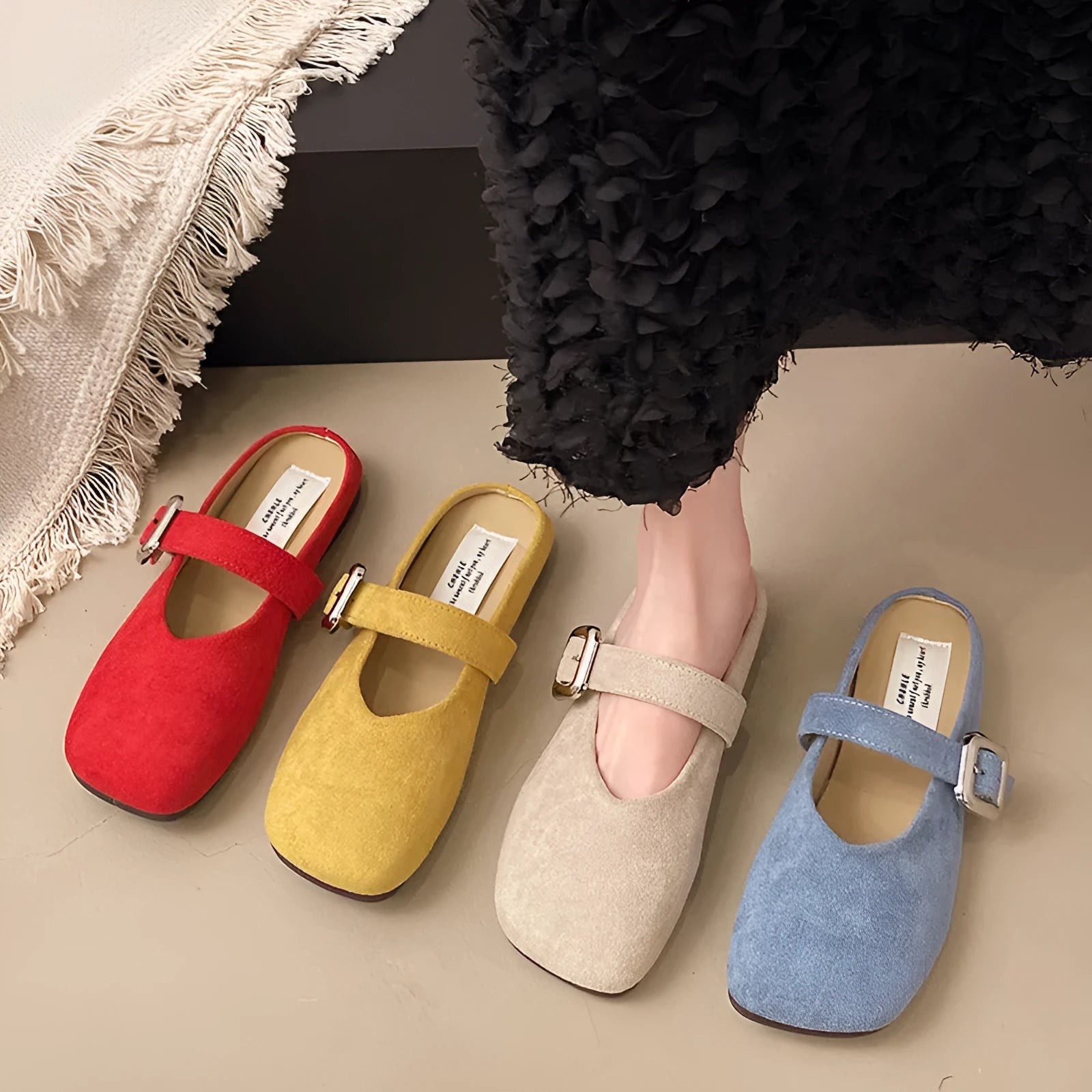 Women's flat closed toe half slippers in apricot colour with square head design and rubber sole