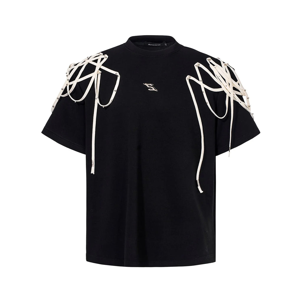 Black loose-fit short-sleeved T-shirt with padded shoulders and rivet ribbon detail.