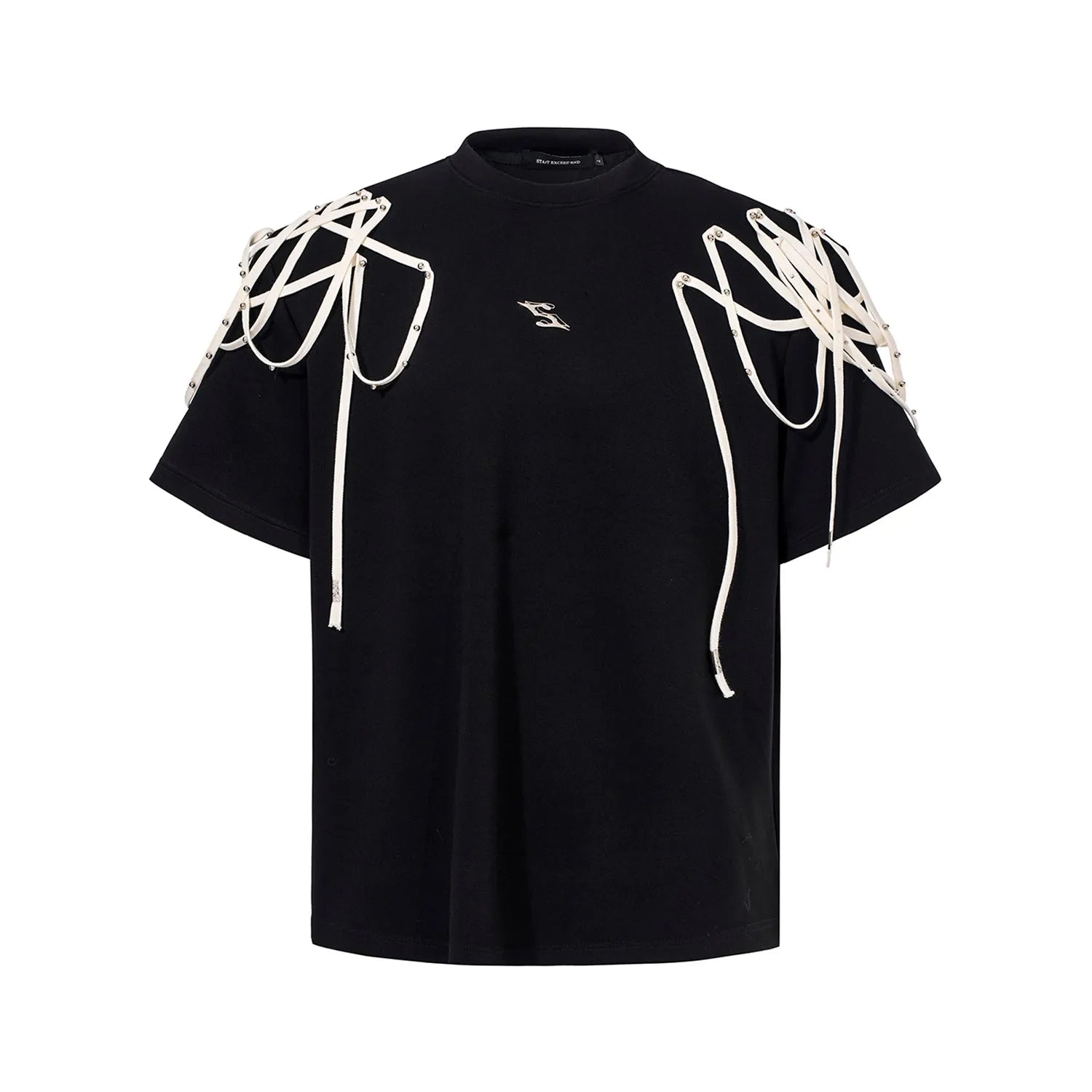 Black loose-fit short-sleeved T-shirt with padded shoulders and rivet ribbon detail.