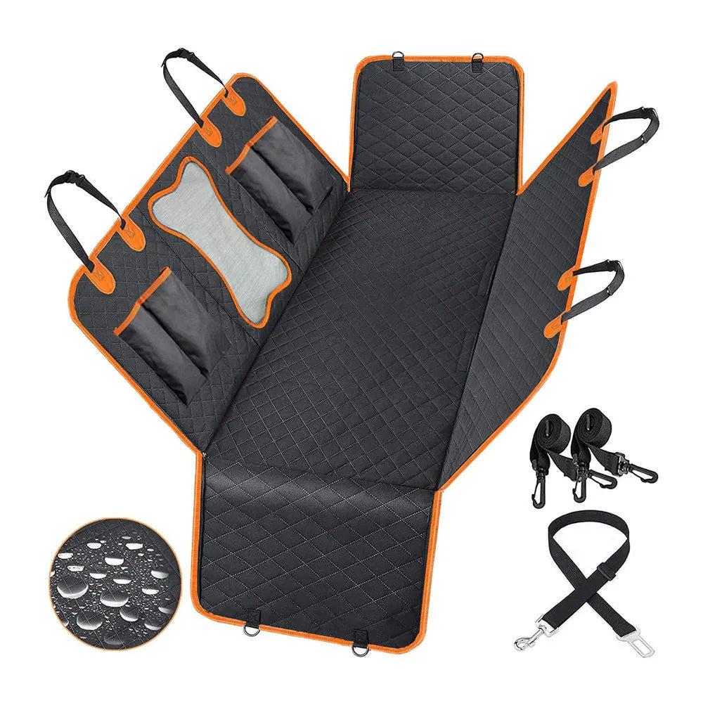 Black waterproof dog car seat cover with orange edging on a car rear seat, showing mesh window.
