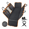 Black waterproof dog car seat cover with orange edging on a car rear seat, showing mesh window.