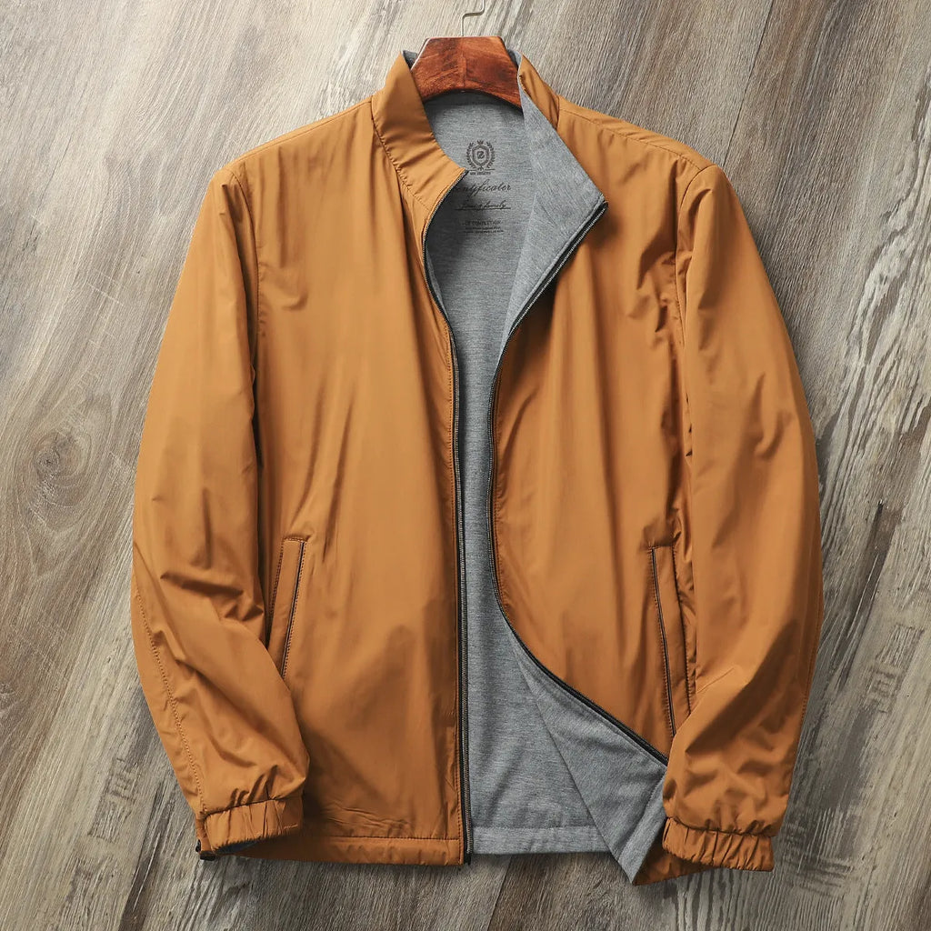 Men's simple stand collar jacket in polyester blend, shown in army green colour.
