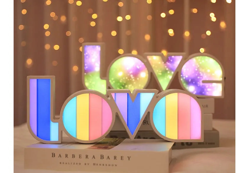 LED LOVE light decorative lamp with rainbow coloured lampshade
