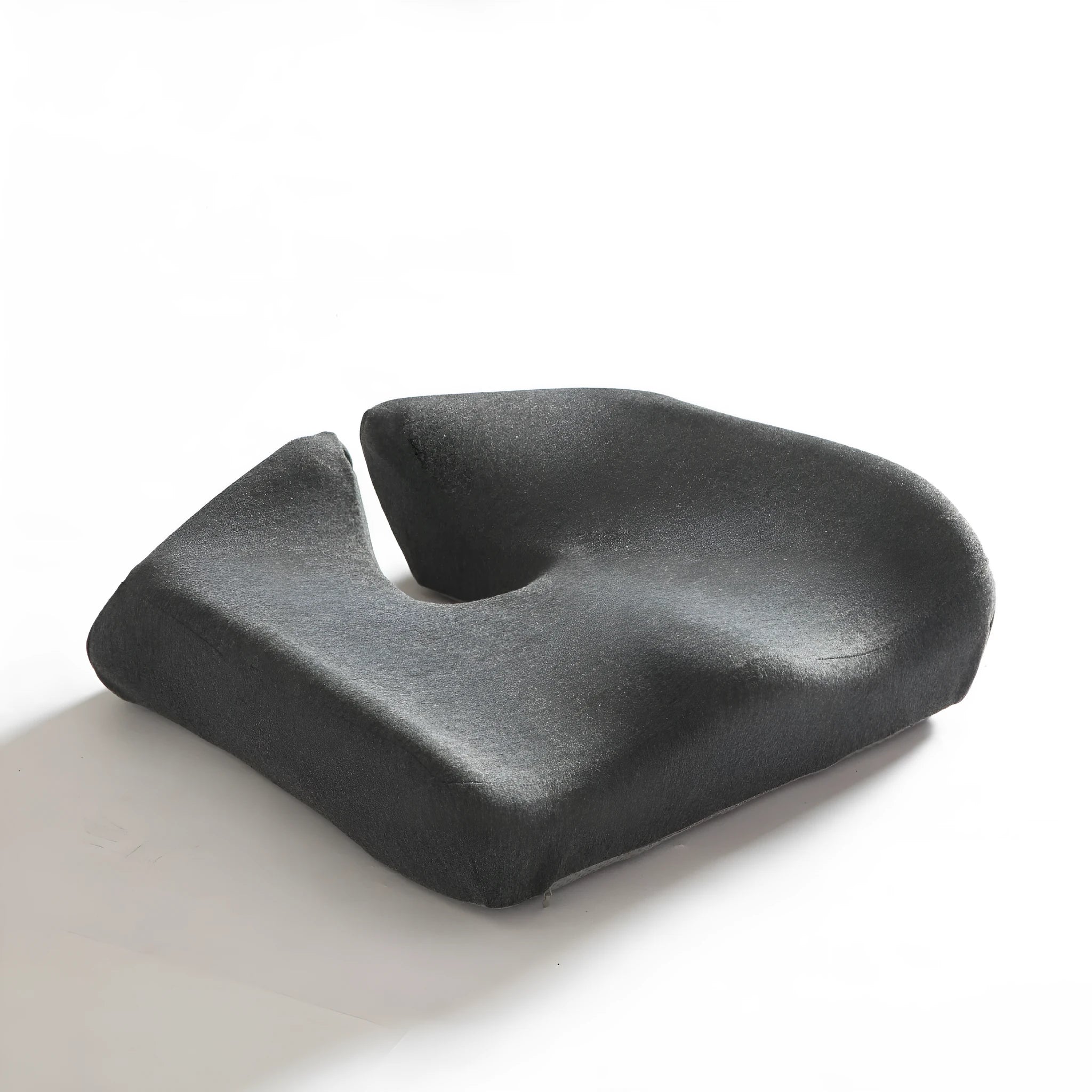 Dark grey memory foam office chair cushion measuring 36x40cm on a desk chair.