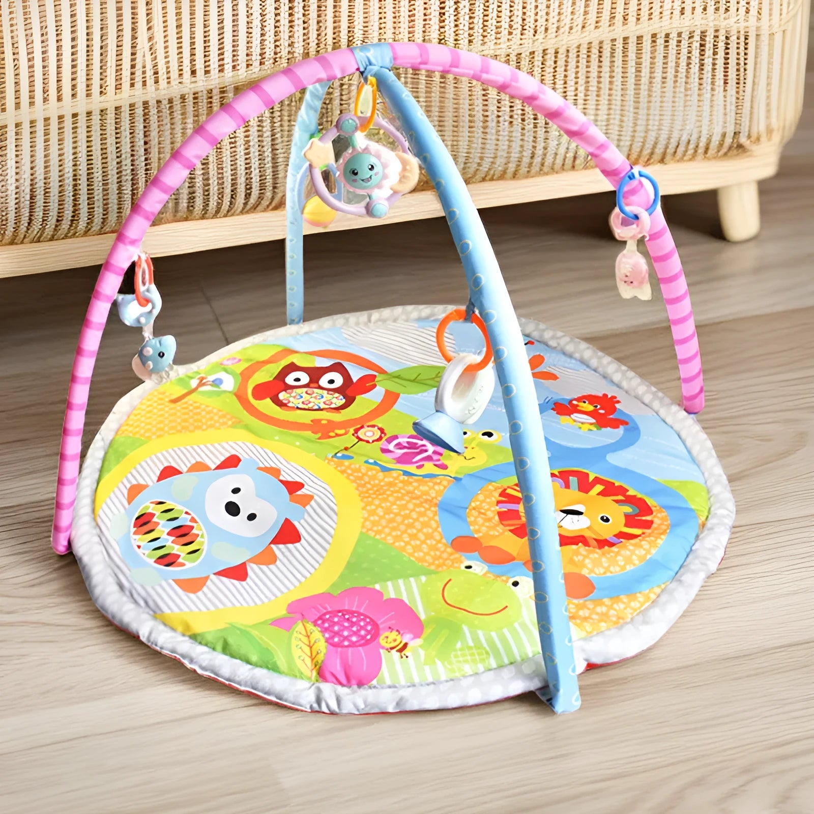 Velvet baby gymnastic game blanket in small animal or big animal design for floor play.
