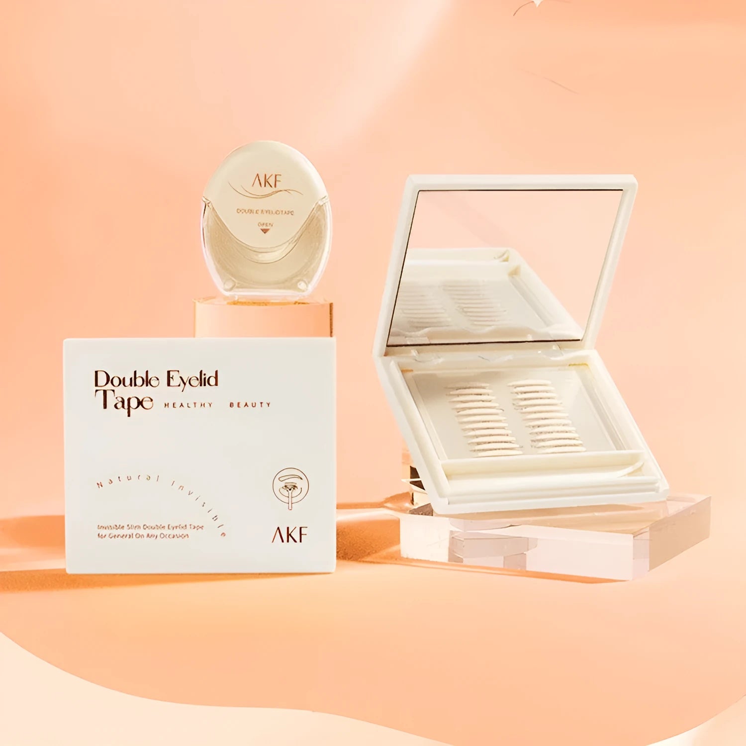 Roll of 120 clear lace double eyelid stickers in crescent and olive M shapes on skin.