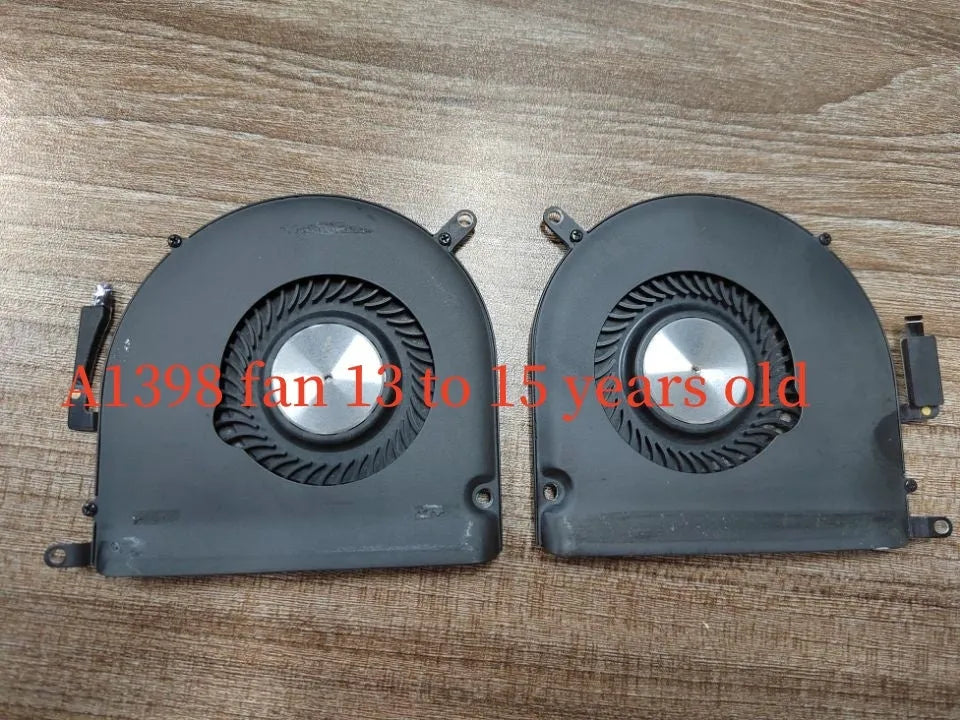 A1398 MacBook Pro laptop cooling fan replacement part on a cardboard box.