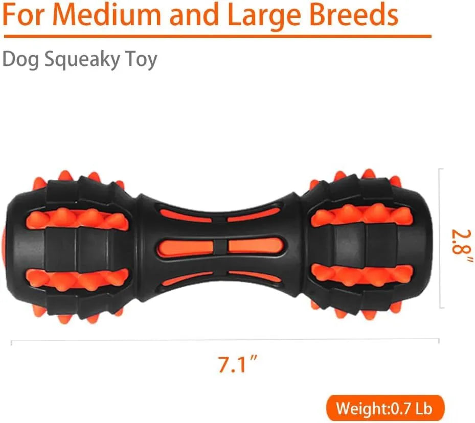 Red rubber dumbbell-shaped dog chew toy with textured surface for aggressive chewers