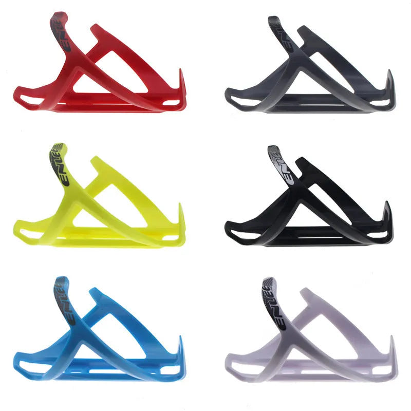TPR plastic mountain bike water bottle cage in fluorescent yellow, mounted on a bike frame.