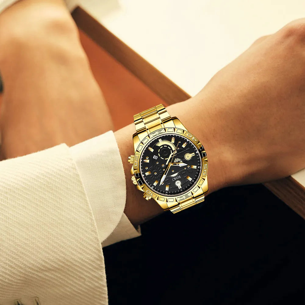 Gold stainless steel men's business watch with calendar display and steel bracelet