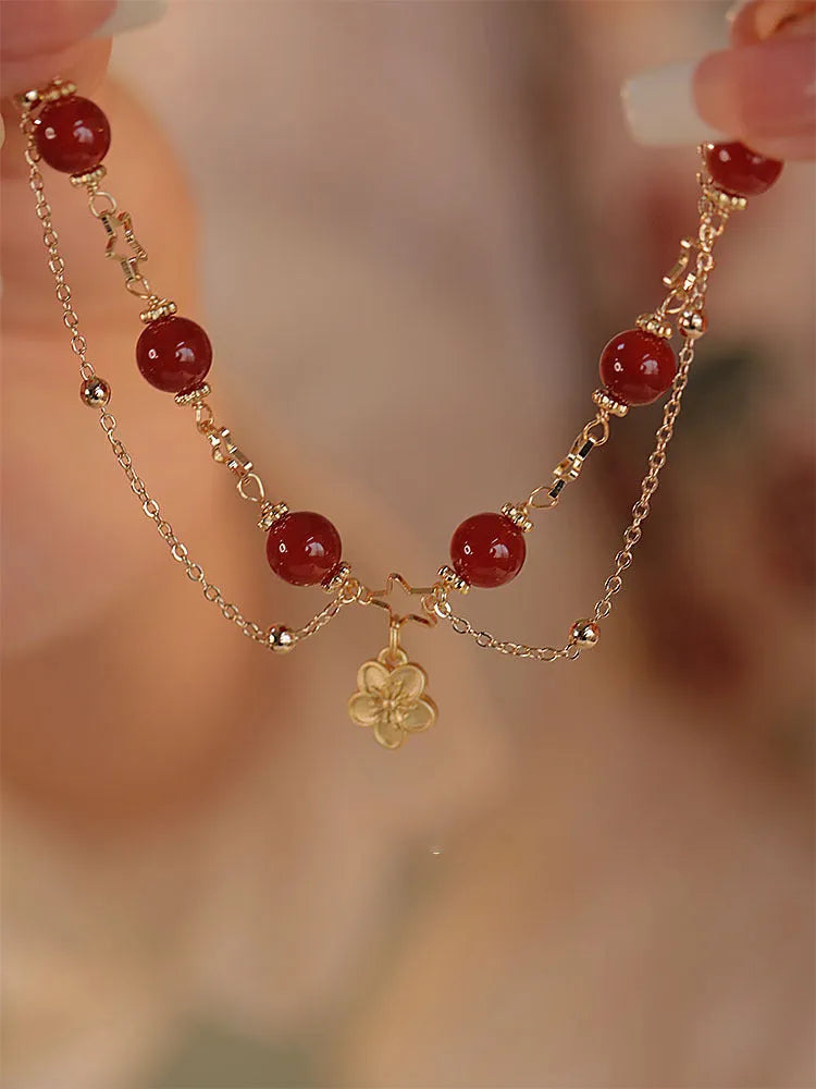Red agate double layer bracelet with handcrafted peach blossom floral design