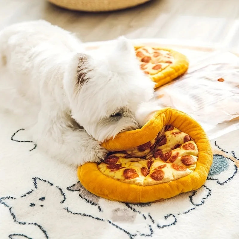 Yellow teddy bear shaped dog chew toy designed as a pizza slice with a textured surface