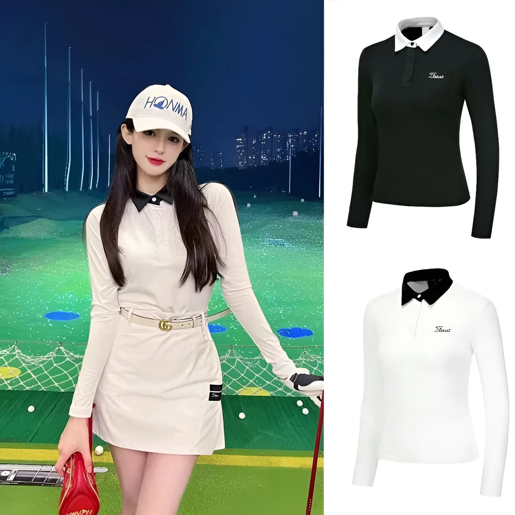 Women's long sleeve white golf top made from breathable polyester fabric for sun protection