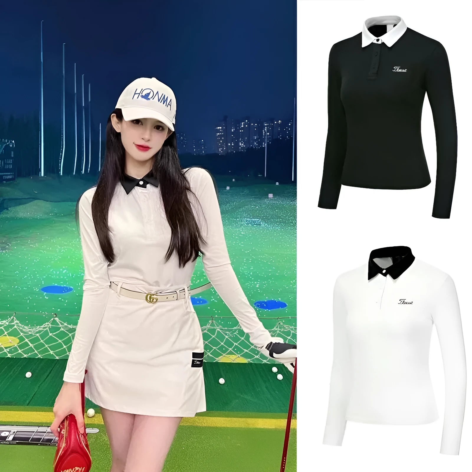 Women's long sleeve white golf top made from breathable polyester fabric for sun protection