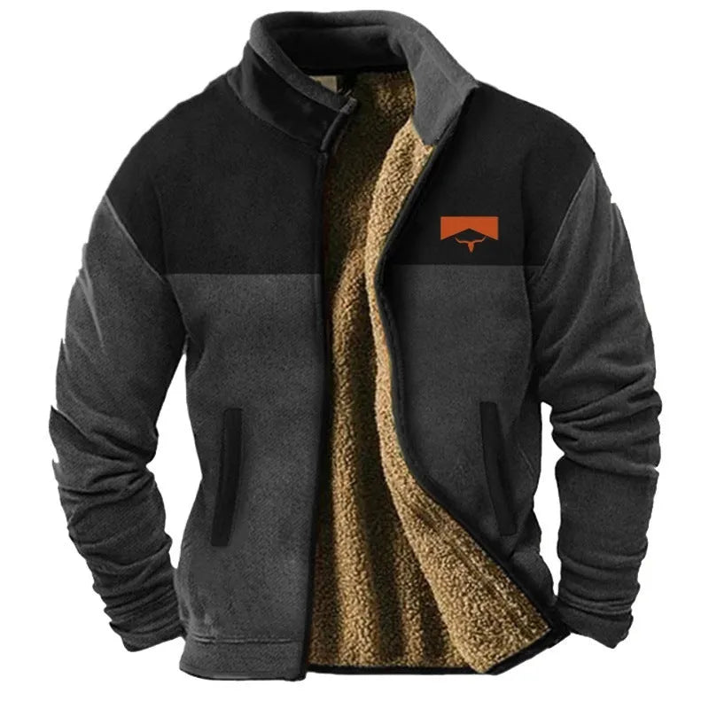 Men's green polyester fleece padded coat on a hanger, showing regular length and padded construction.
