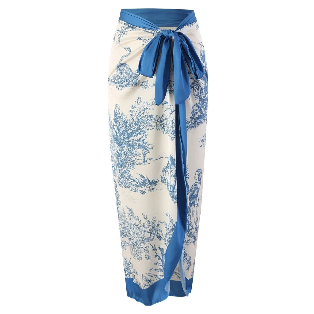 Blue patterned one-piece swimsuit for women with matching gauze skirt option in polyester fabric