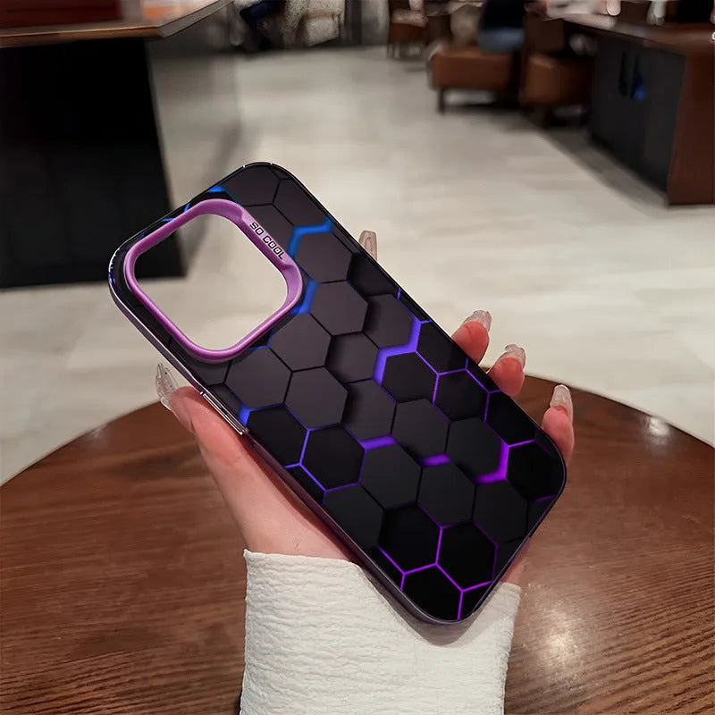 Frosted protective iPhone case with honeycomb square pattern in Moonlight Black, shown fitted on a phone.