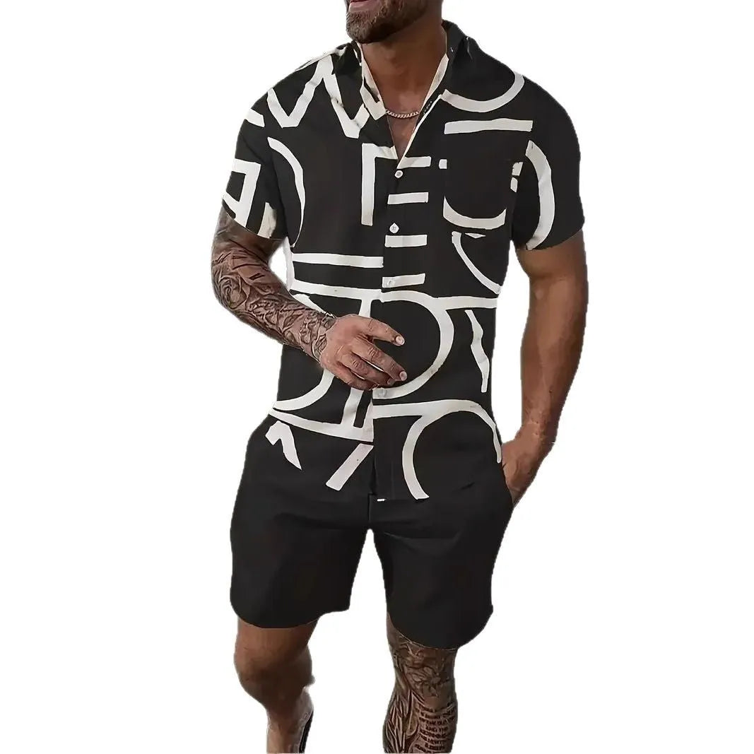 Men's Hawaii themed 3D printed short sleeve suit with matching trousers in polyester fabric