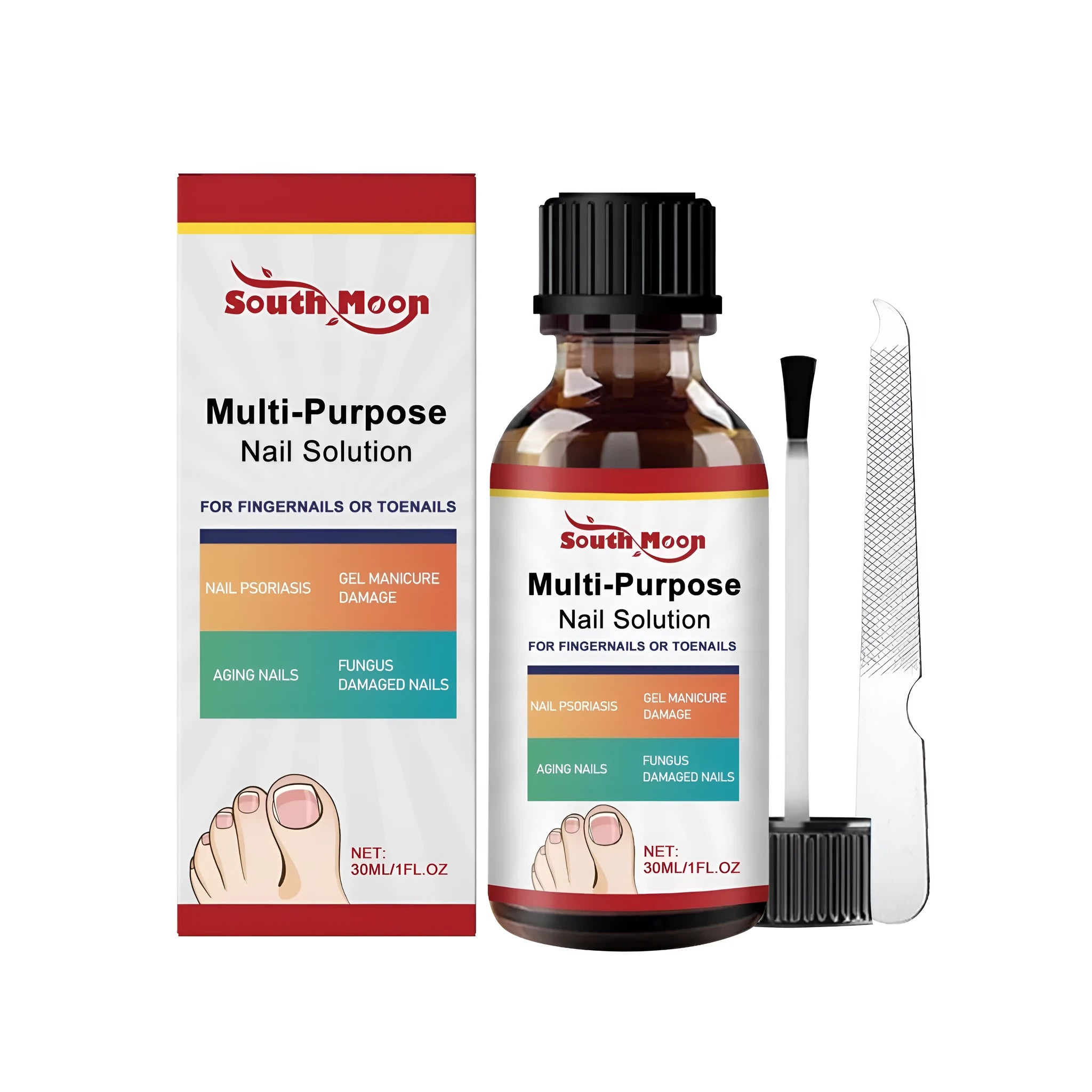 30ml nail care solution bottle with tea tree oil and white willow bark formula alongside nail file