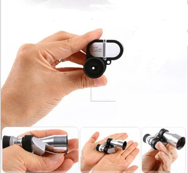 Compact silver aluminium alloy 8x20 pocket monocular telescope with lens caps, on a canvas bag with cleaning cloth.