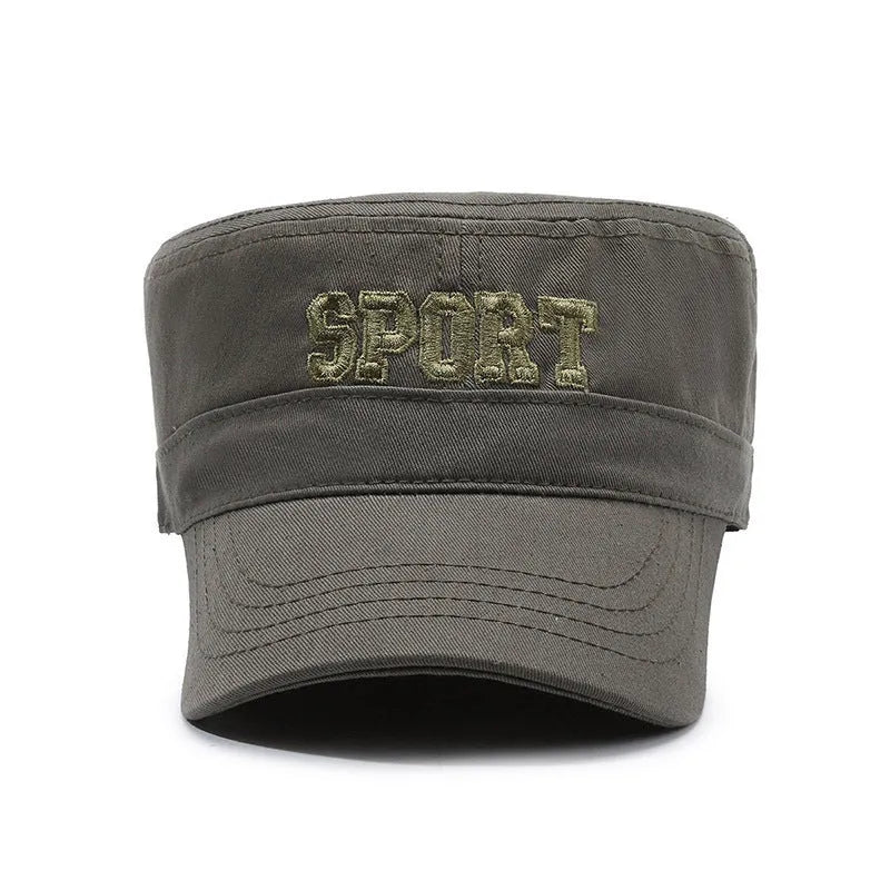 Men's flat-top peaked cotton cap in army green with adjustable strap and English lettering.