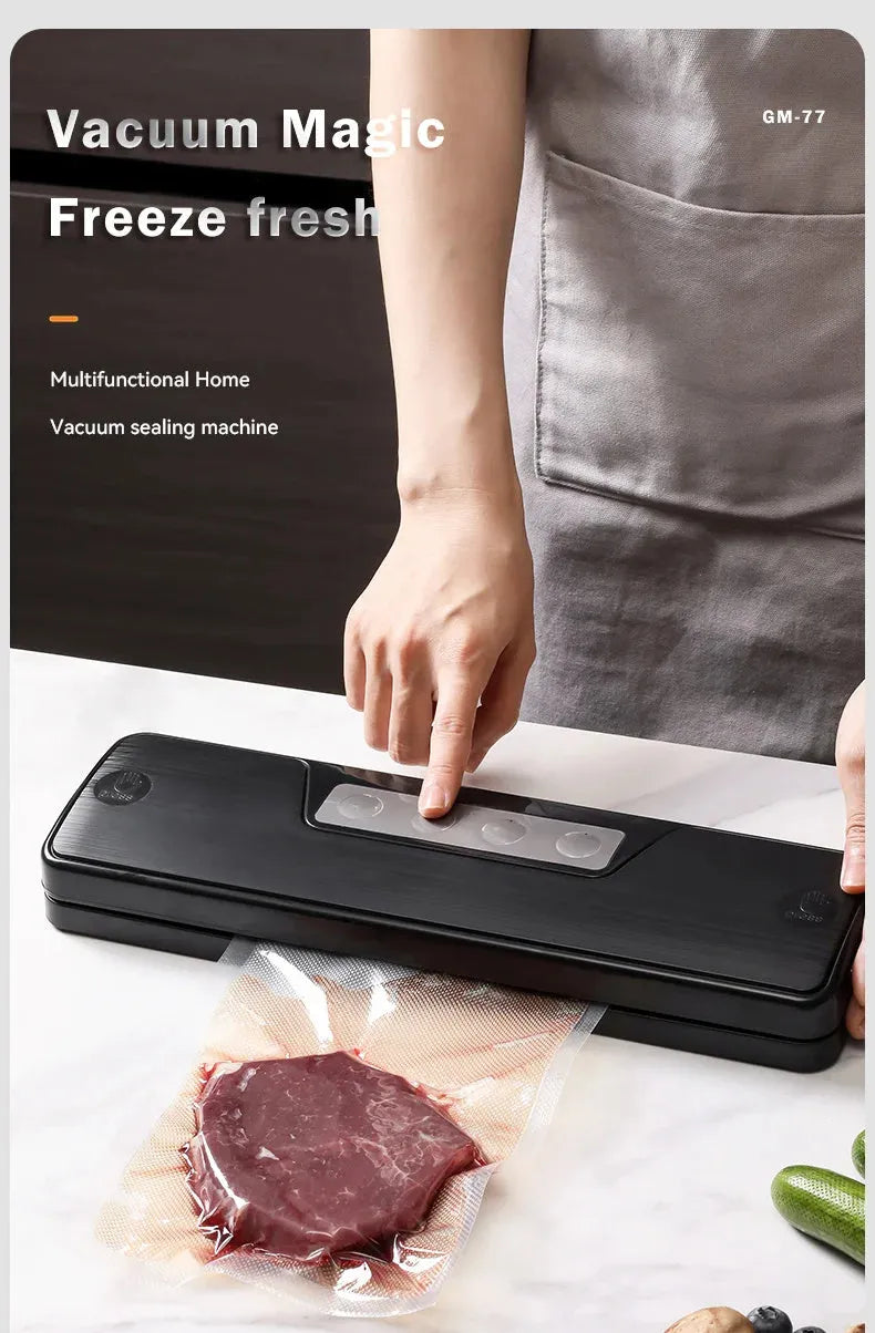 Compact black automatic vacuum sealer machine for household food preservation and item protection