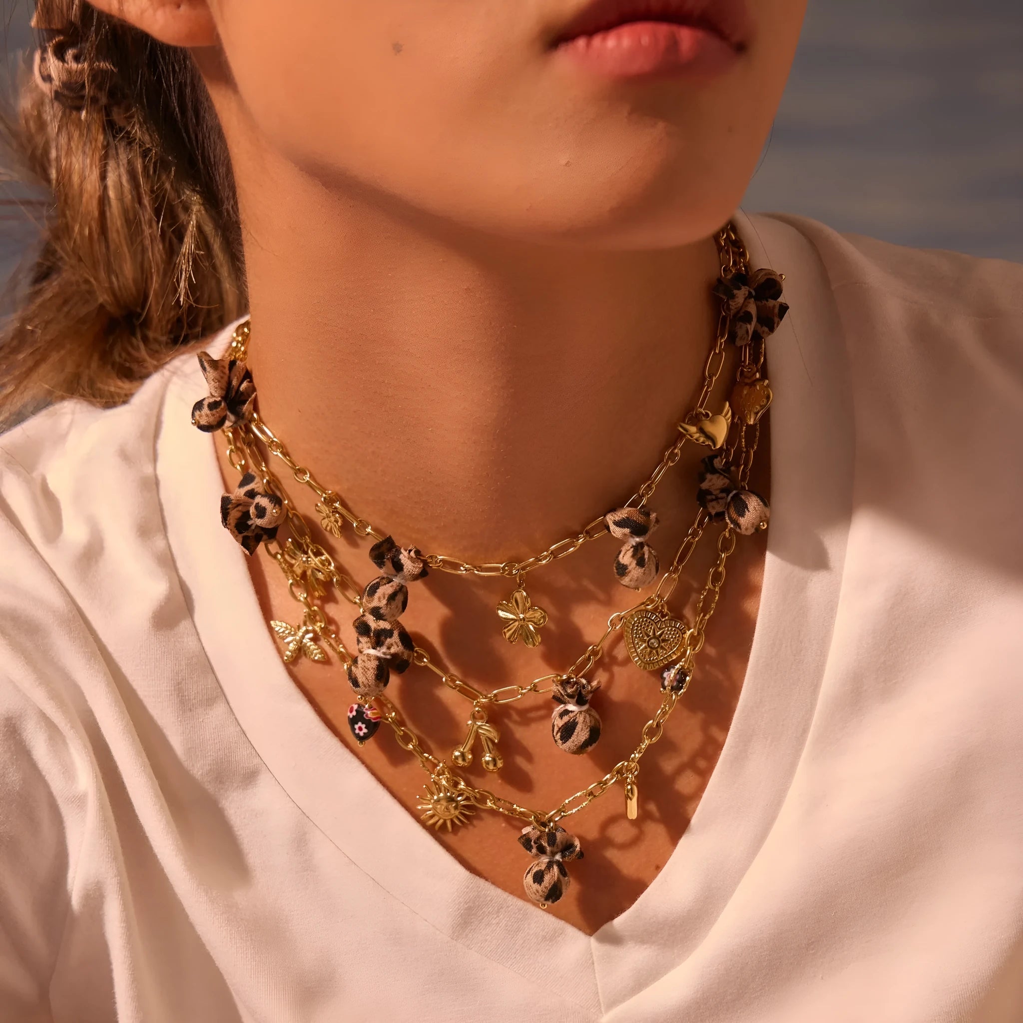 Geometric leopard and love heart flowers pendant necklace on stainless steel chain with 18K gold plating