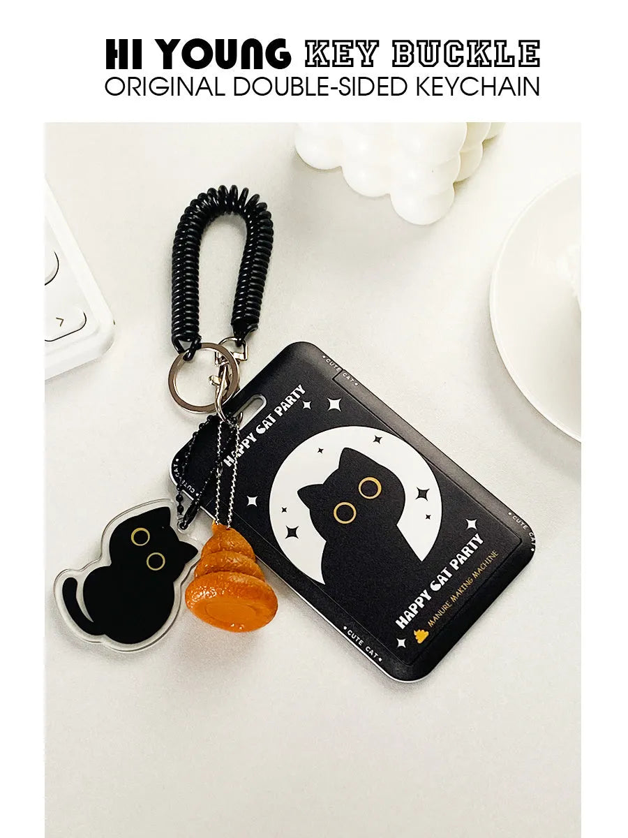Cute black cartoon cat design plastic card holder with a metal ferrule pendant attached
