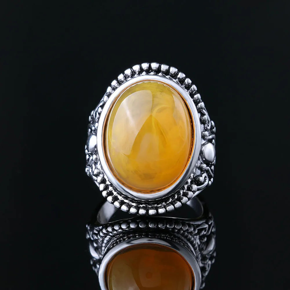 Retro geometric alloy ring with fluorescent beeswax accents and antique silver electroplating