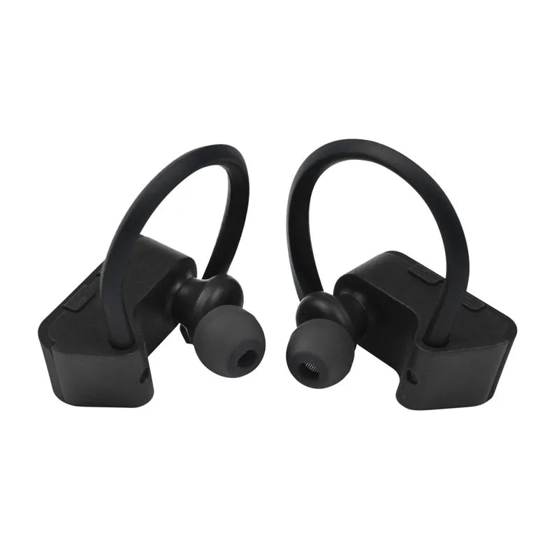 Black, grey, and red wireless Bluetooth earphones with ergonomic design and charging case.