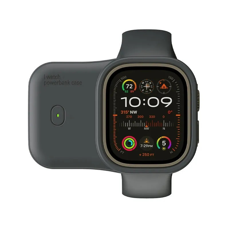Apple Watch portable wireless charging power bank with silicone case in brown, midnight blue, or starlight colours