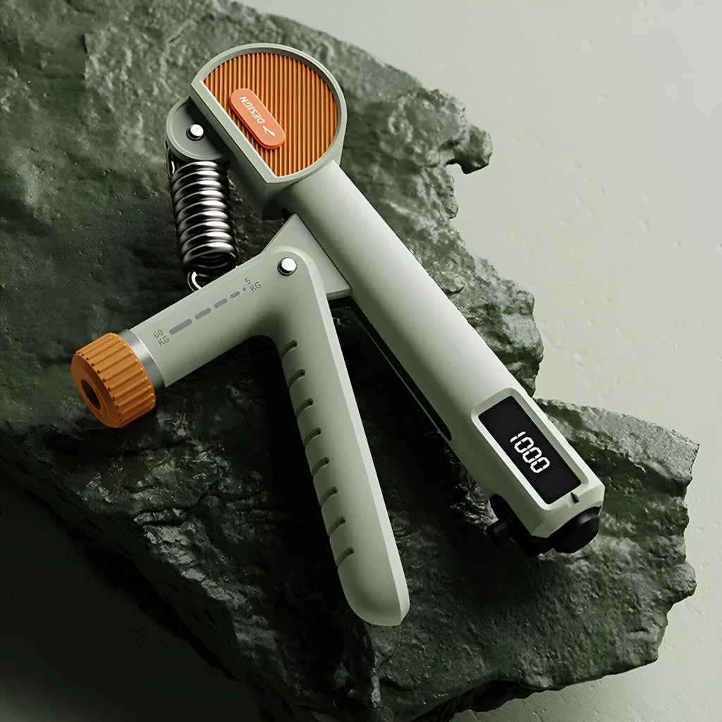 Adjustable spring hand grip trainer showing three resistance springs and ergonomic ABS plastic handles