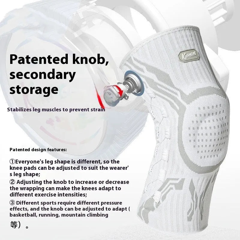 Grey and white sports knee pad for adults, shown in sizes M, L, XL for basketball and football.