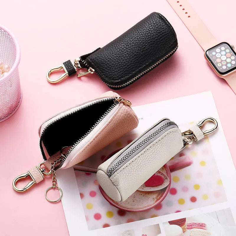 Men's waterproof PU key case with zipper closure in black grey pink macaron colours