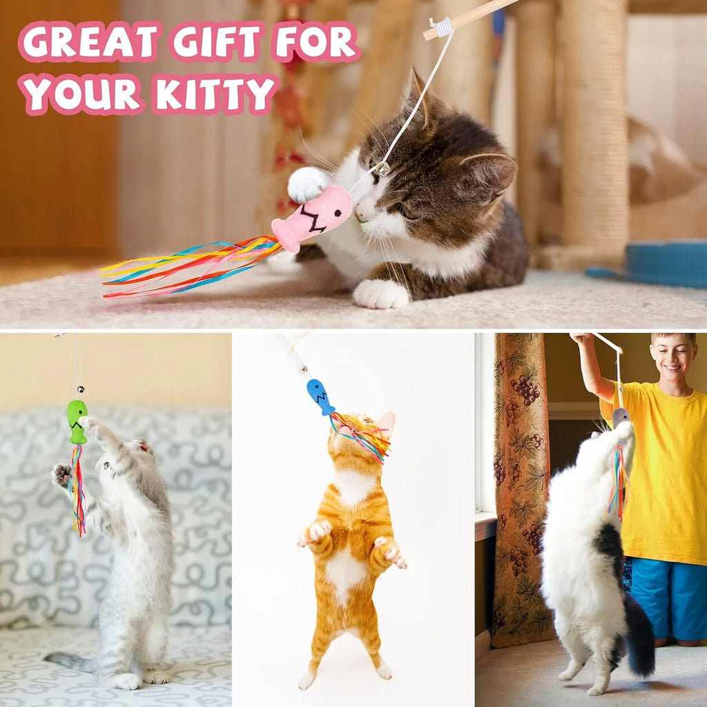 Wooden handle cat wand toy with catnip fish, colourful ribbons and bell attachment