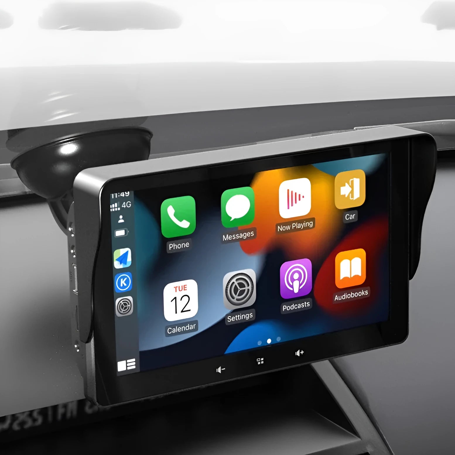 7-inch wireless CarPlay car display with suction cup mount on a dashboard