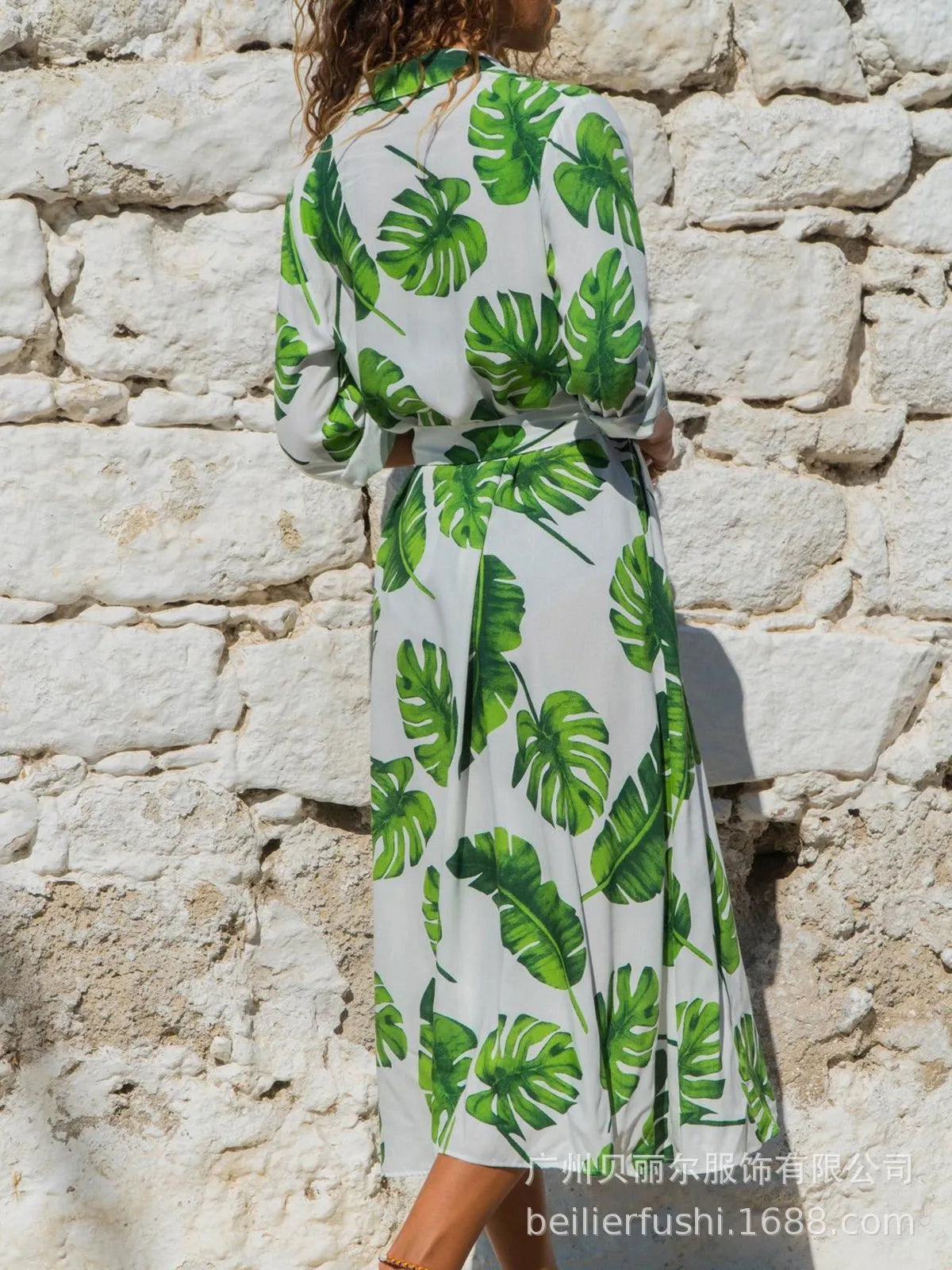 Madrid Vintage Chiffon A-line dress with V-neck collar and long sleeves in a printed pattern.