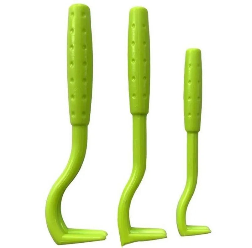 Three plastic pet tick removal hook tools in blue or green for dogs and cats.