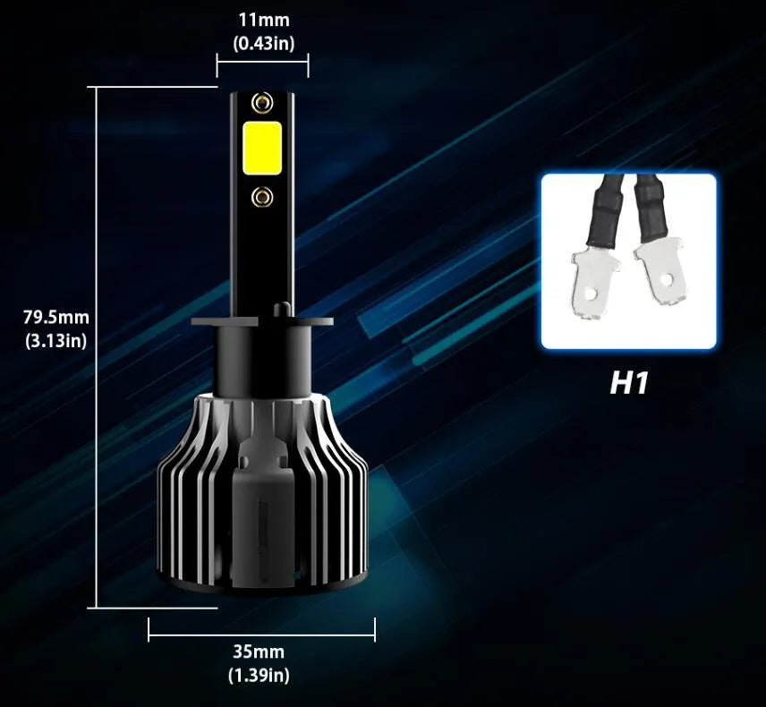 Car LED headlight bulb kit showing 6000K white light, 72W power rating, and compatible model numbers like H7 and 9005.